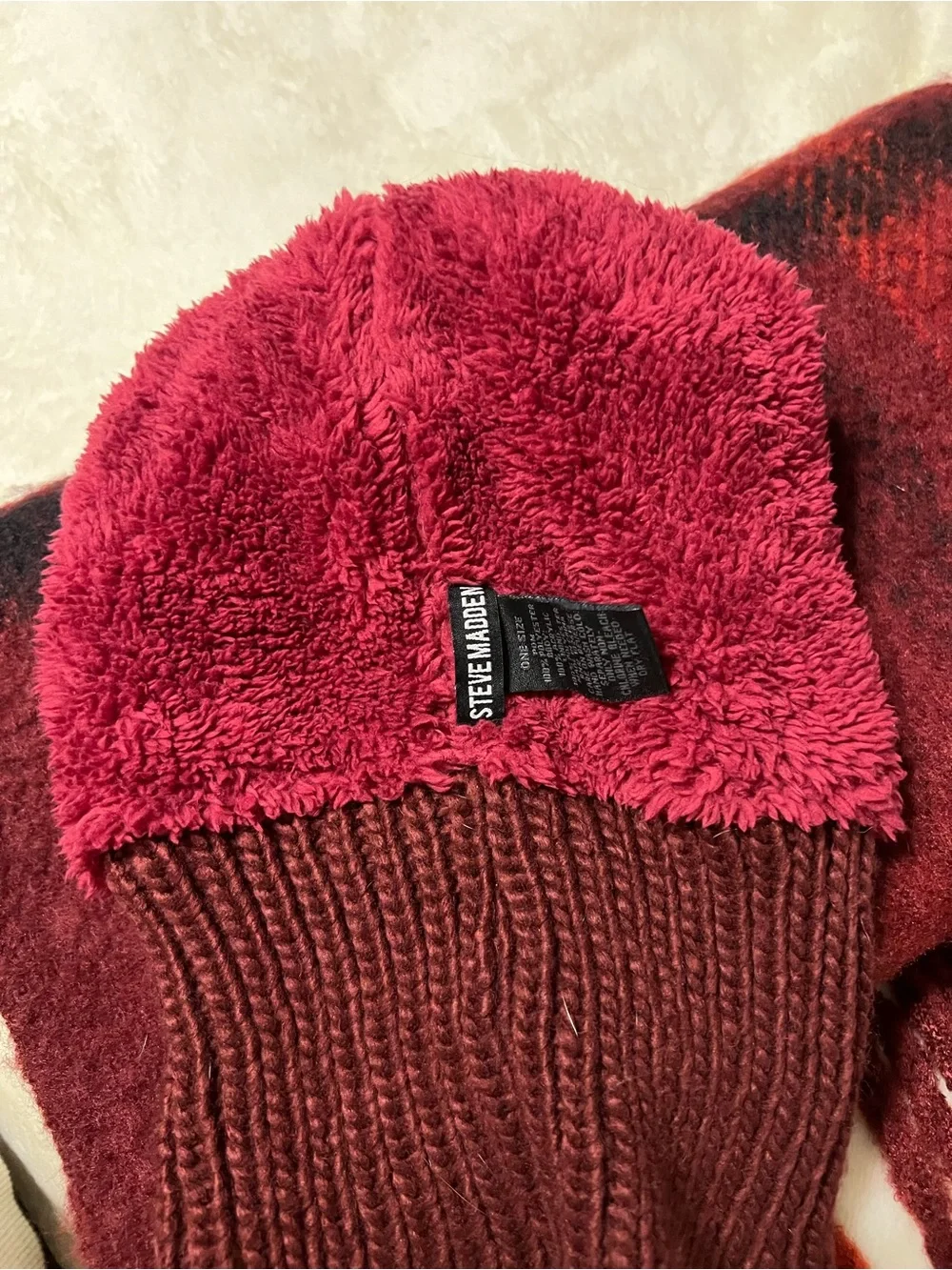 Steve Madden Burgundy and Black Plaid Fringe Scarf